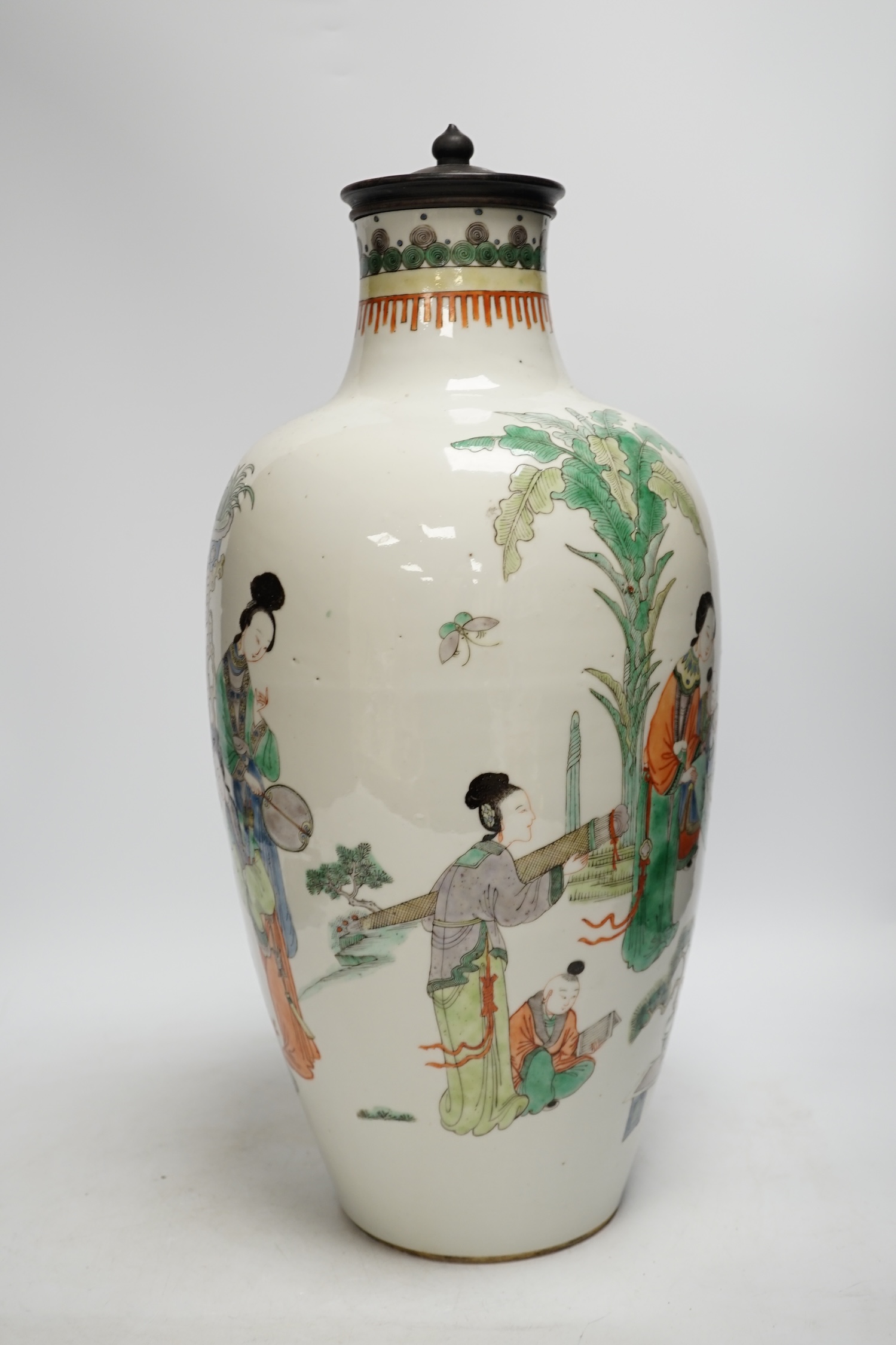 A large Chinese famille verte vase, late 19th century, neck reduced, 45cm